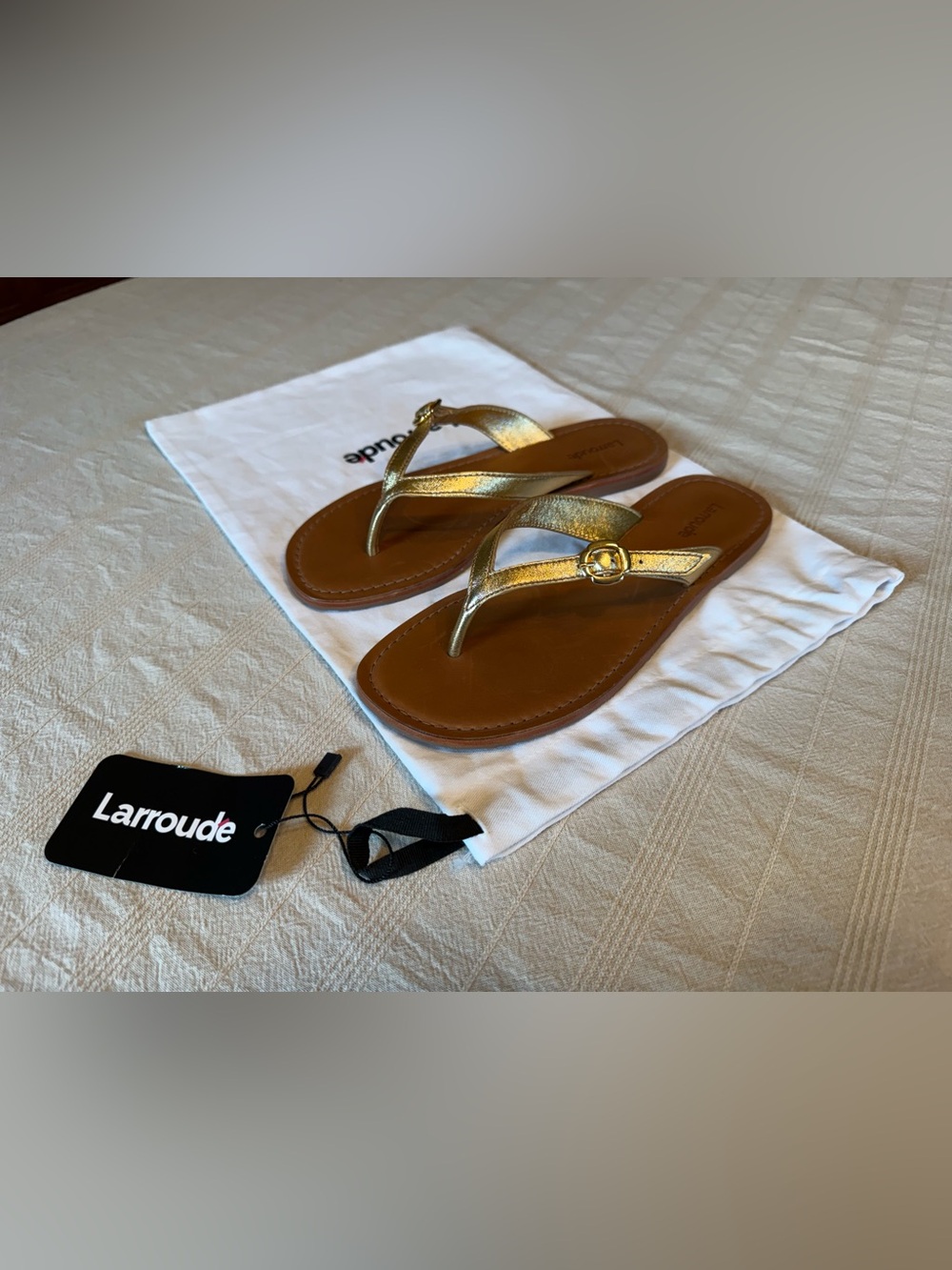 Larroude Metallic Gold Thong Sandals with Brown Footbed